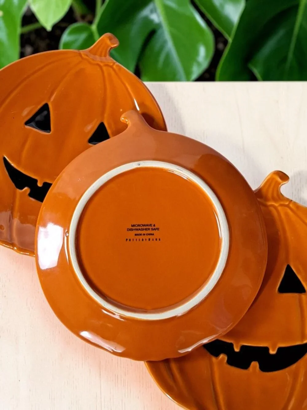 (3) Pottery Barn Pumpkin Jack O Lantern Dessert Plates Dishes Ceramic Halloween